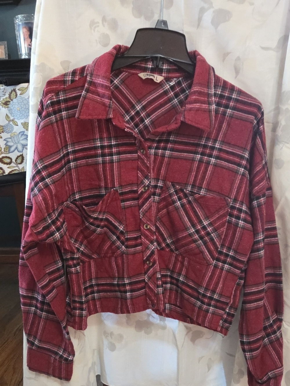 Red Plaid Button-Up Cropped Shirt